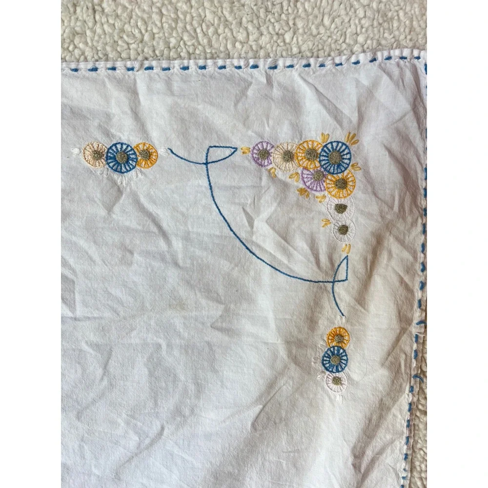Vintage Hand Embroidered White Square Tea Tablecloth Floral Teapot 32x32